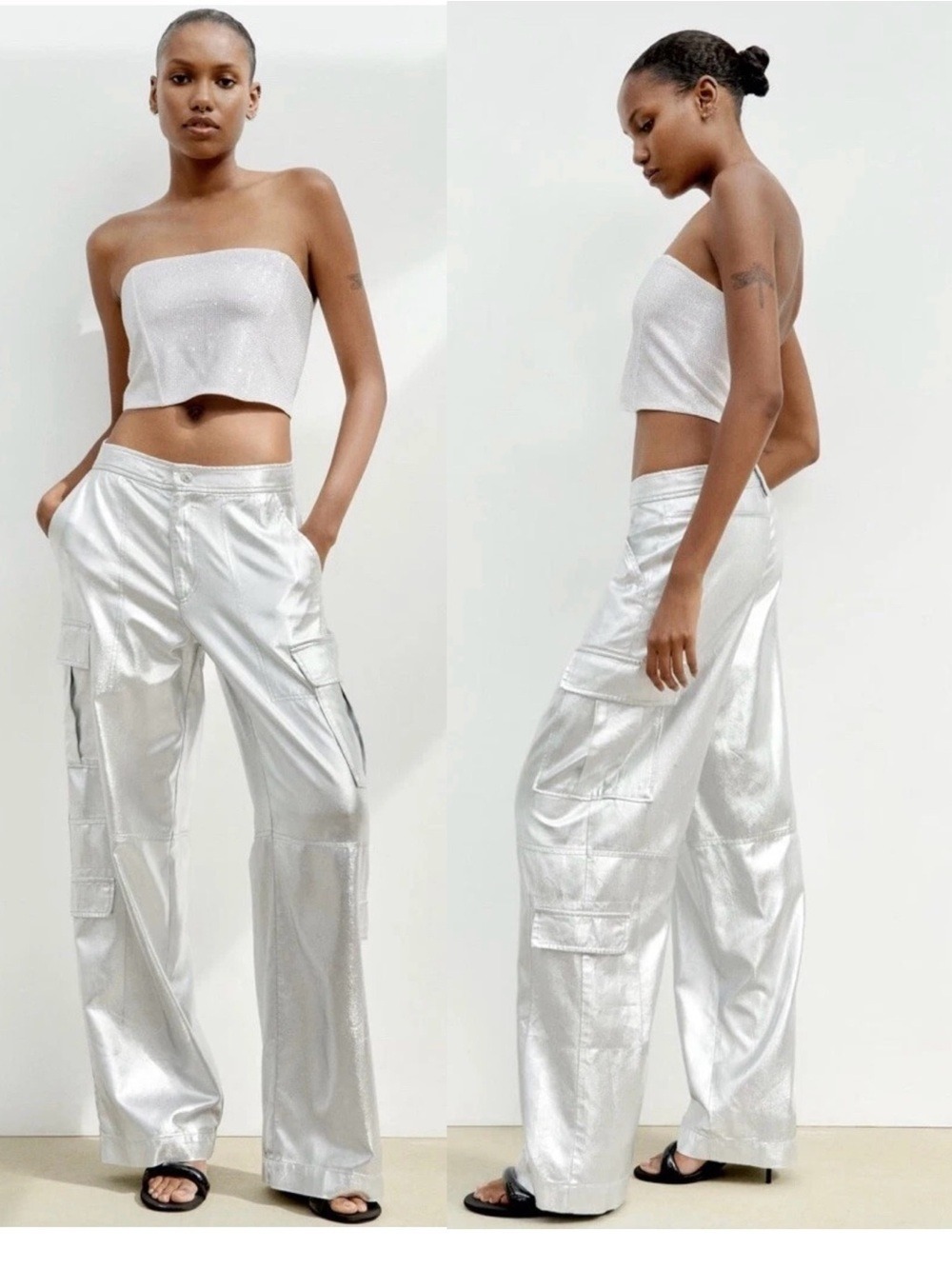 Zara White silver rhinestone embellished strapless corset bustier crop top Sz L - Picture 3 of 13